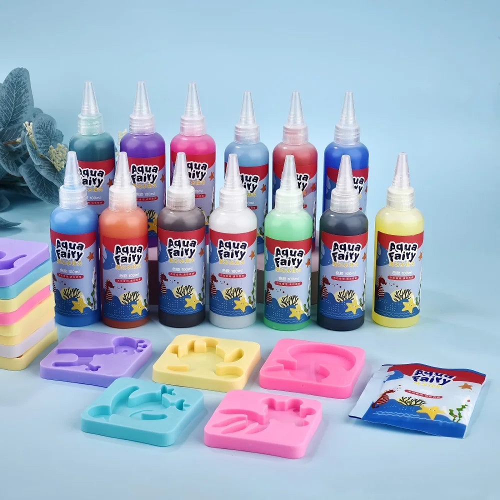 A collection of colorful DIY 3D water elf craft kits featuring various colored bottles and corresponding molds.