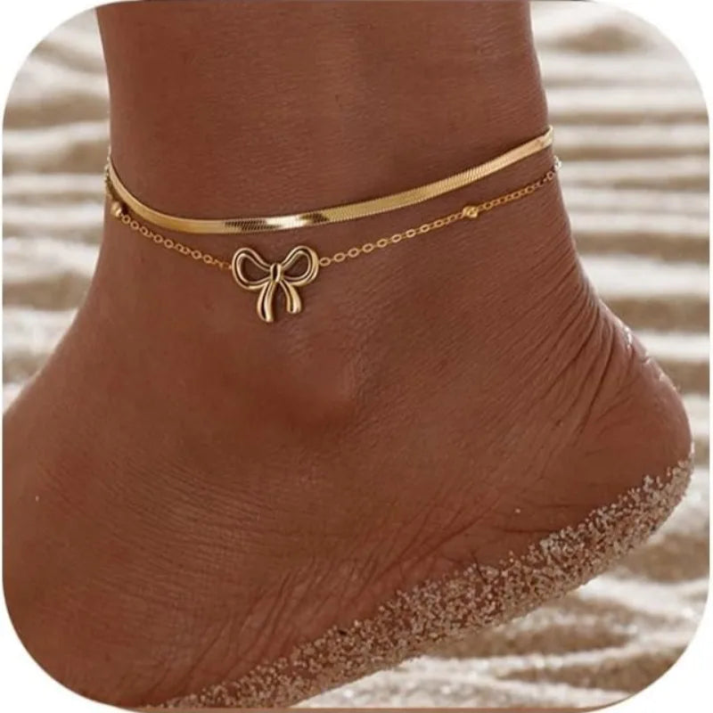 14K Gold Plated Stainless Steel Layered Anklet Set