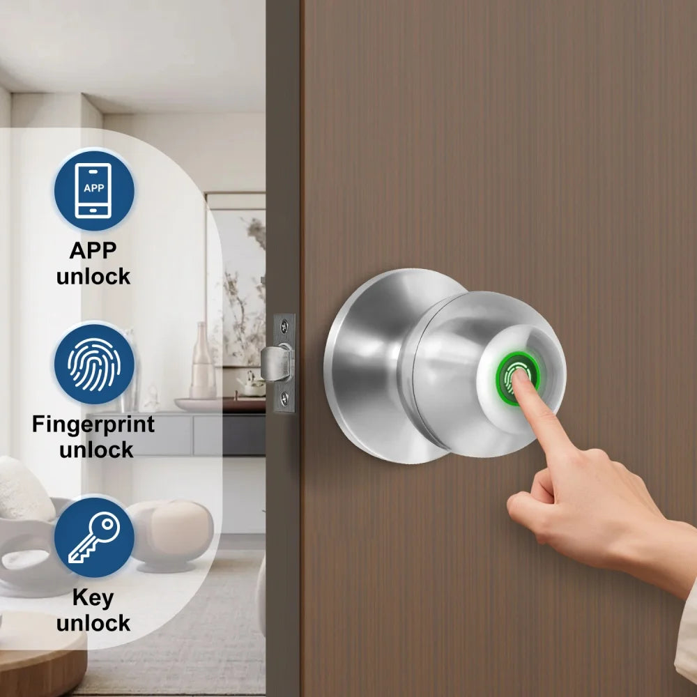 A hand is using a fingerprint to unlock a modern door, with options for app and key access displayed.