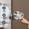 A hand is using a fingerprint to unlock a modern door, with options for app and key access displayed.