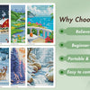 A collection of 12 square drill postcard-style diamond art images showing various landscapes and scenes.