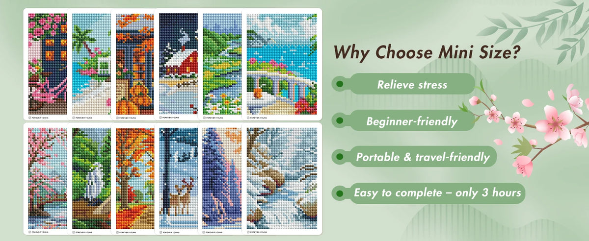 A collection of 12 square drill postcard-style diamond art images showing various landscapes and scenes.