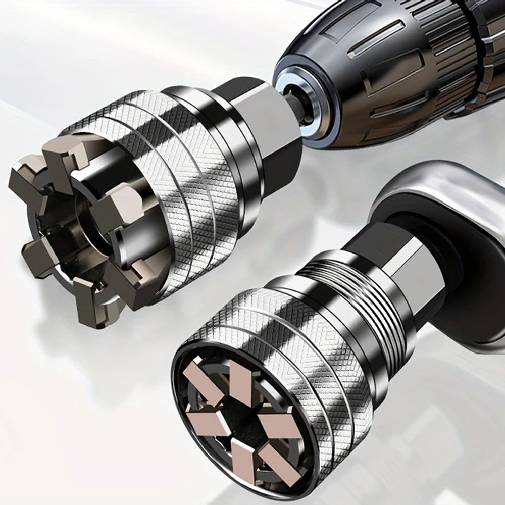 Close-up view of a metallic universal adjustable socket wrench tool.