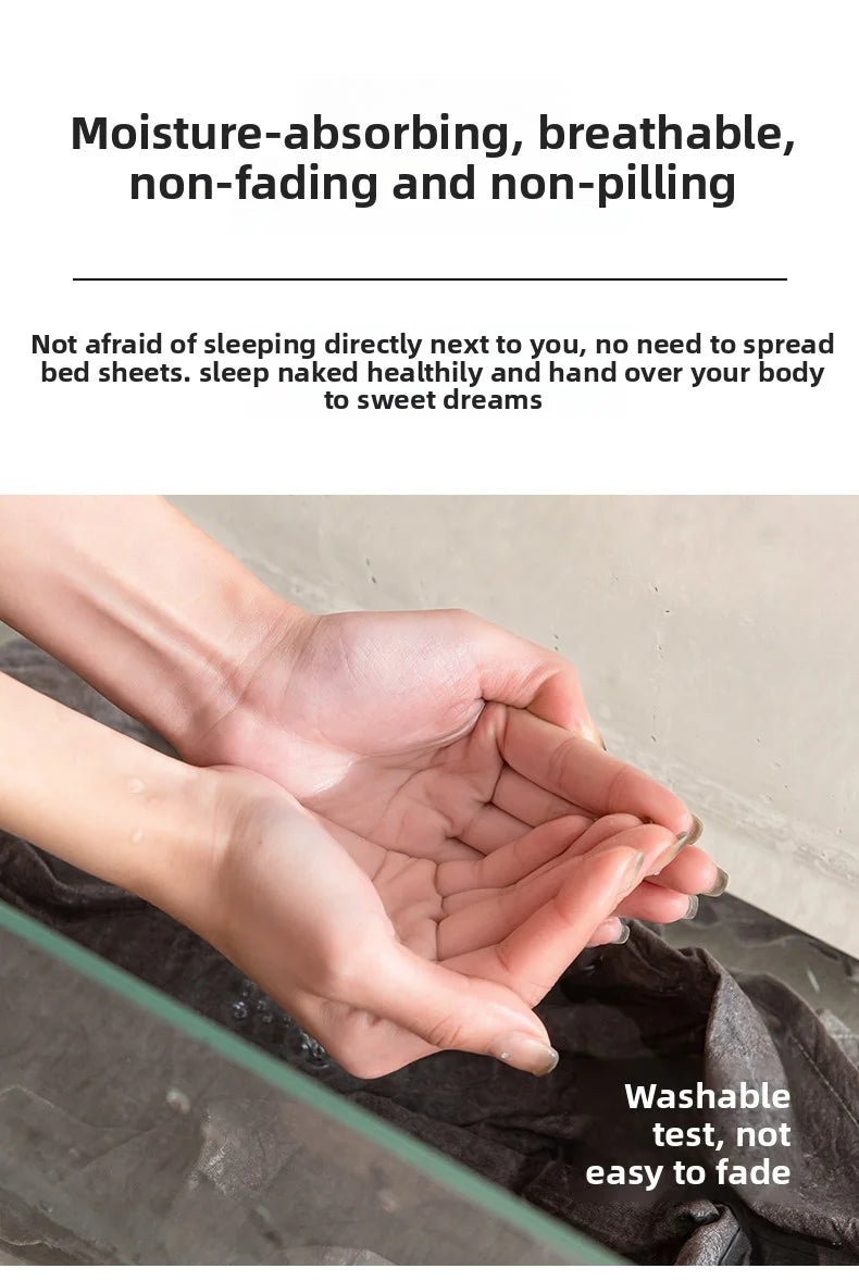 A hand is shown holding a dark fabric, demonstrating the non-pilling and non-fading qualities of the pillow protector.
