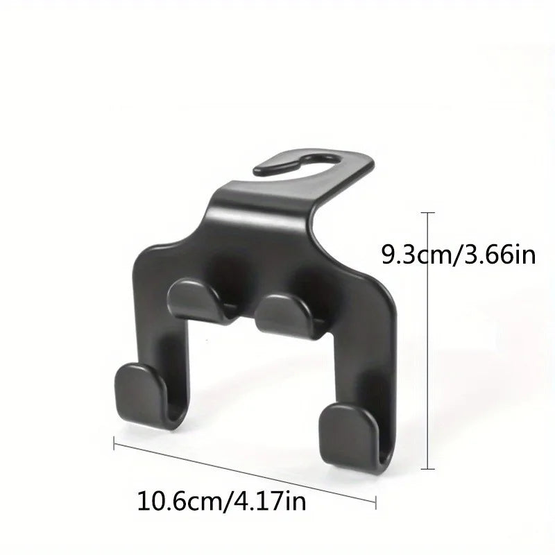 Black car back seat phone holder and organizer hook with dimensions 9.3cm/3.66in by 10.6cm/4.17in