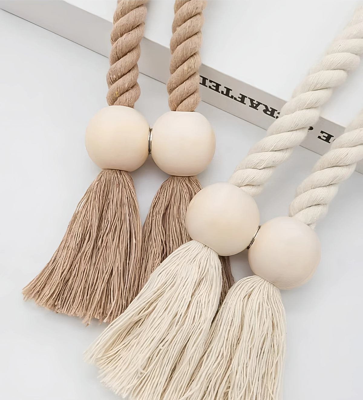 Handwoven Boho Curtain Tiebacks with Wooden Beads
