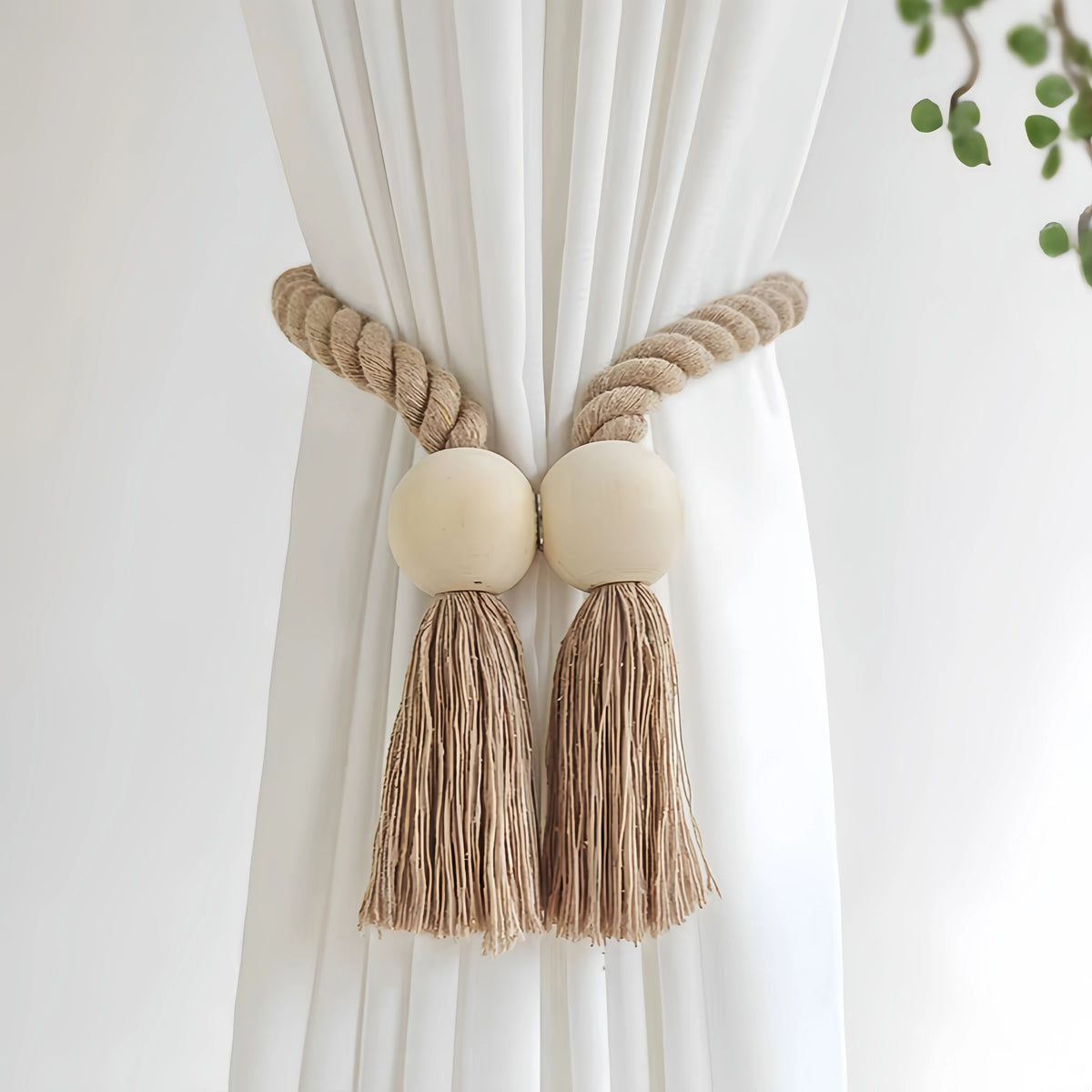 Handwoven Boho Curtain Tiebacks with Wooden Beads