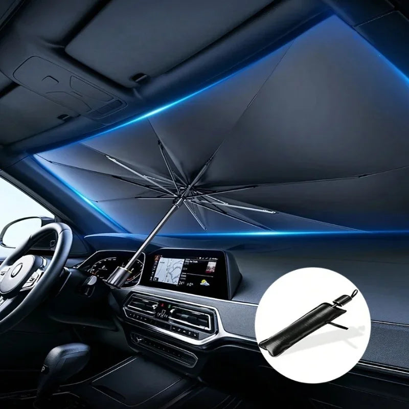 Interior view of a car showing a foldable windshield sun shade umbrella with blue ambient lighting.
