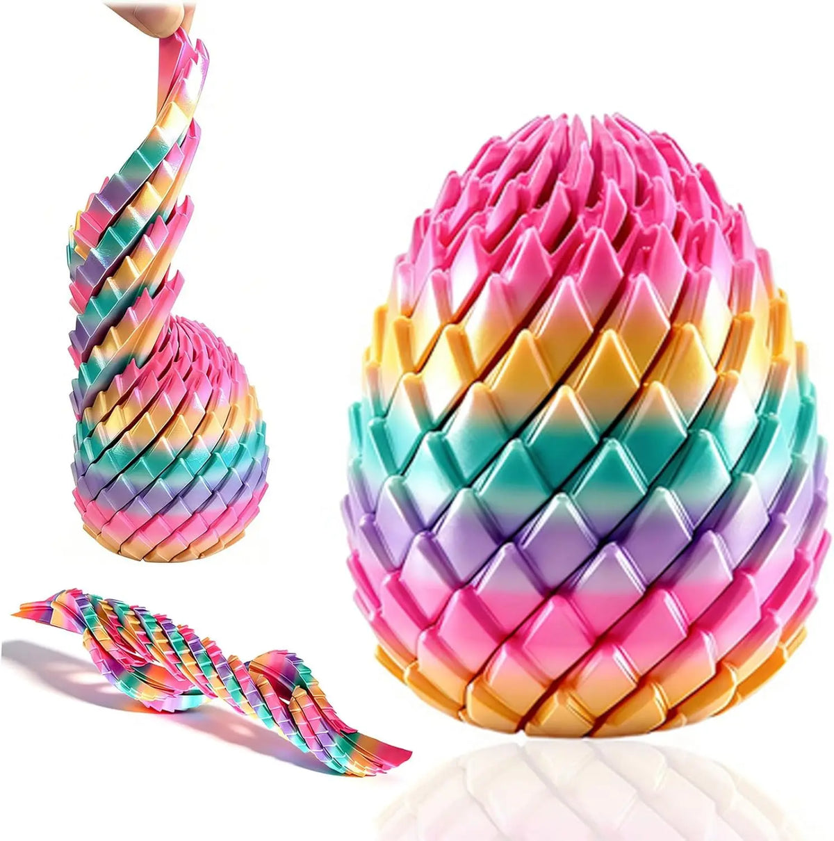 A vibrant pink and multicolored twisty fidget egg stress relief toy shown in various forms.