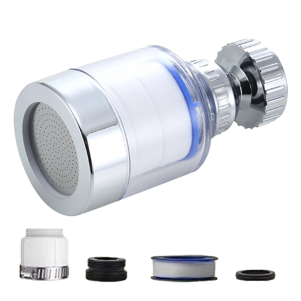 A chrome faucet water filter purifier with a rotating splash head and various filter components.