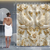 A luxury bathroom set featuring 3D sculpted white swans and roses on a cream background.