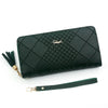 A dark green quilted PU leather wristlet clutch wallet with a gold chain detail and a matching strap.