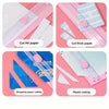 Images showing various uses of a portable paper cutter trimmer including cutting A4 and thick paper, wrapping paper, and plas