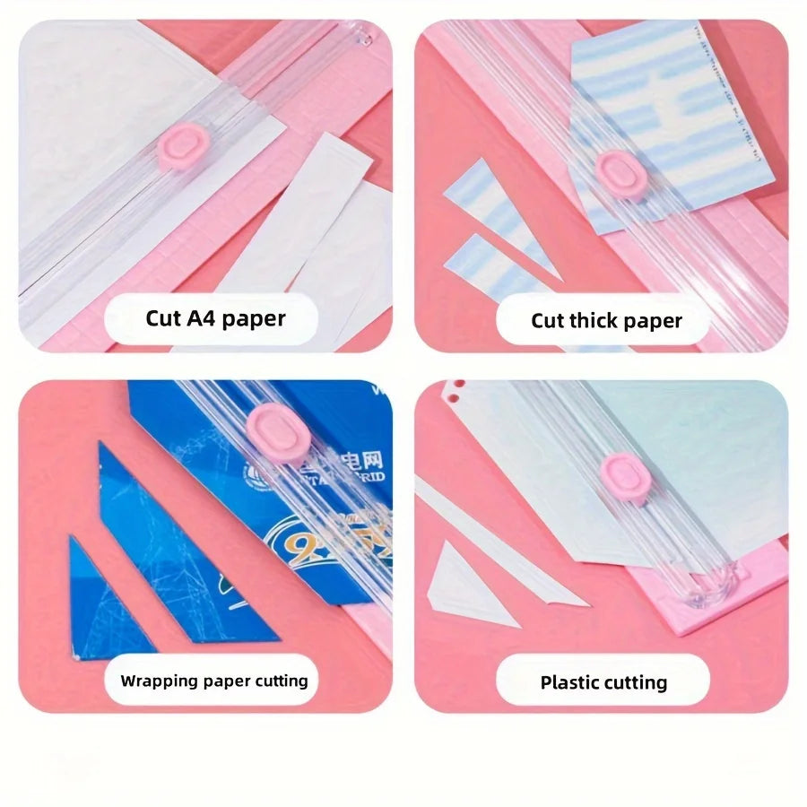 Images showing various uses of a portable paper cutter trimmer including cutting A4 and thick paper, wrapping paper, and plas