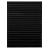 Black pleated window blinds with adjustable clips.