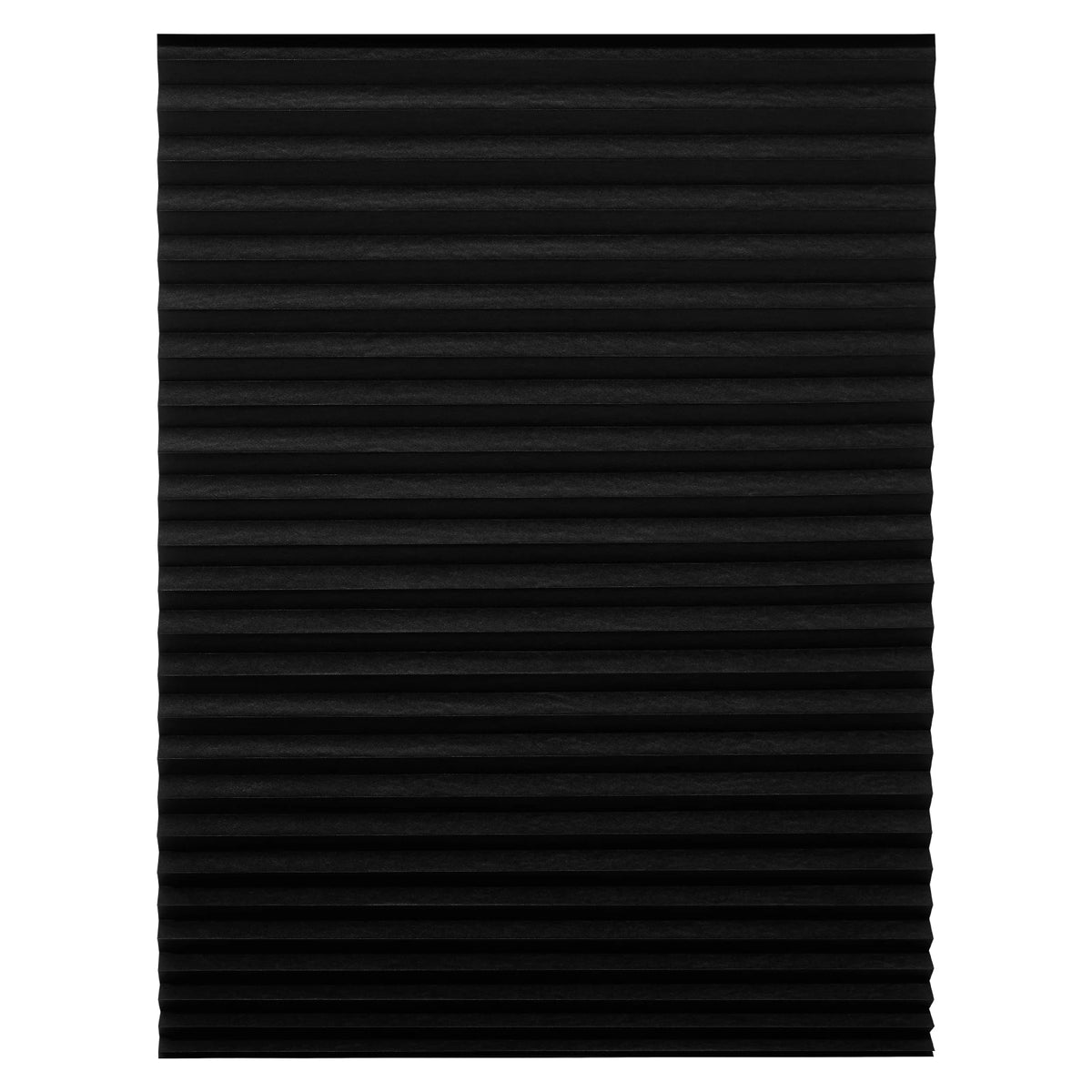 Black pleated window blinds with adjustable clips.