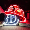 A red firefighter helmet neon sign with a clear visor and emblem, illuminated against a dark background.