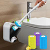 A hand is using a white handle to operate a disposable toilet brush refill with a built-in cleaning solution.