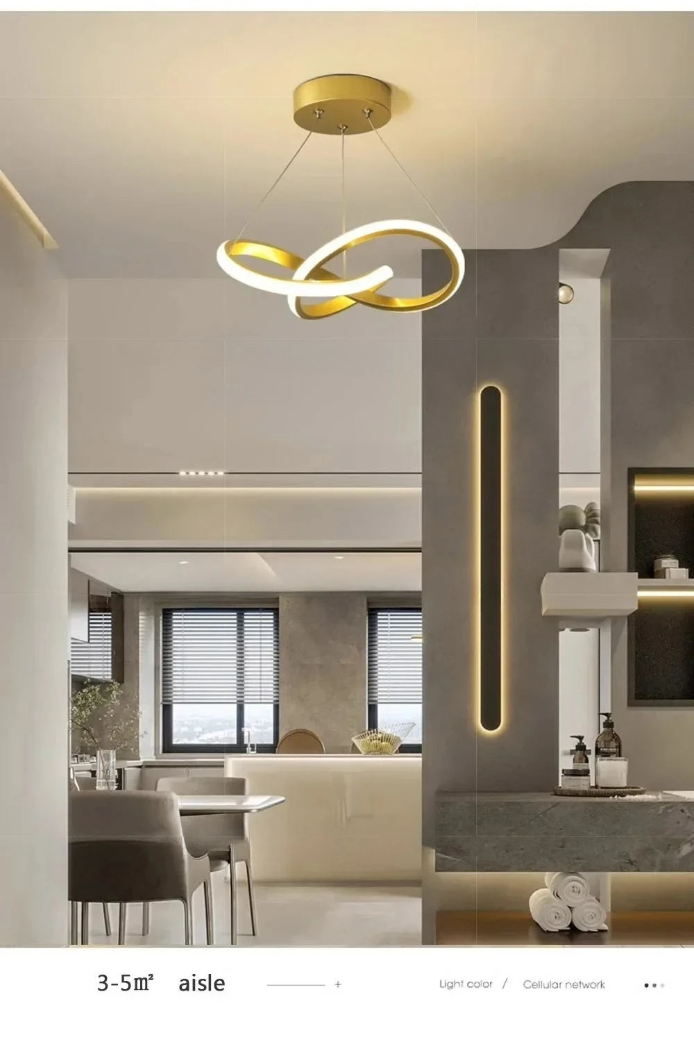 A modern interior features a gold LED pendant light fixture above a counter area.