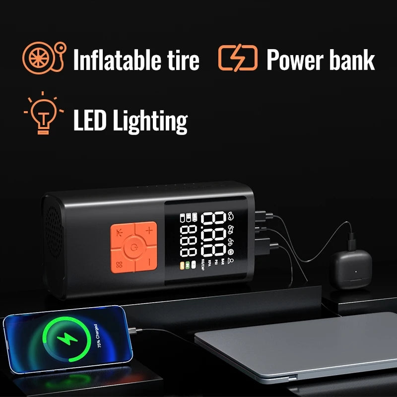 A black portable tire inflator device with a display, connected to a power bank and shown next to a smartphone.