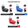 A set of anti-theft disc brake locks in black, blue, and red colors shown with their corresponding key locks.