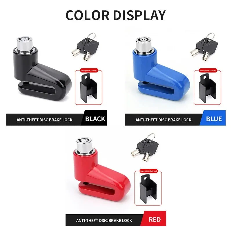 A set of anti-theft disc brake locks in black, blue, and red colors shown with their corresponding key locks.