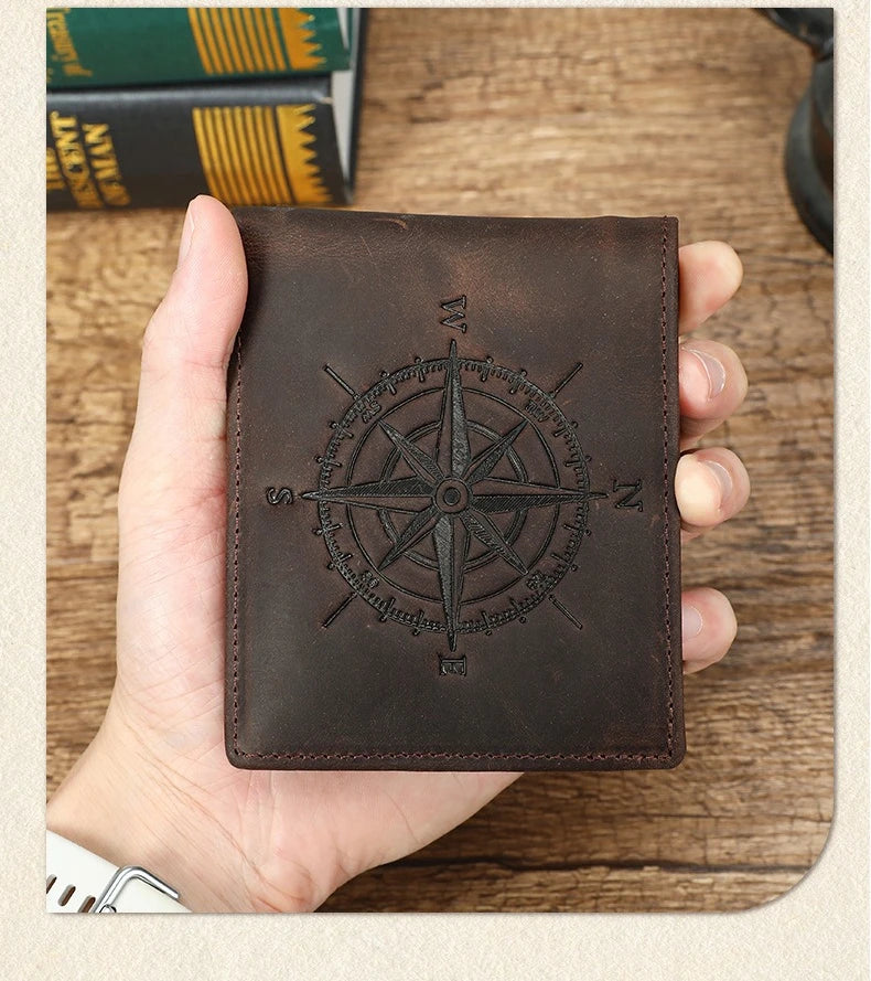 Men's Leather Wallet with Compass Pattern and RFID Protection