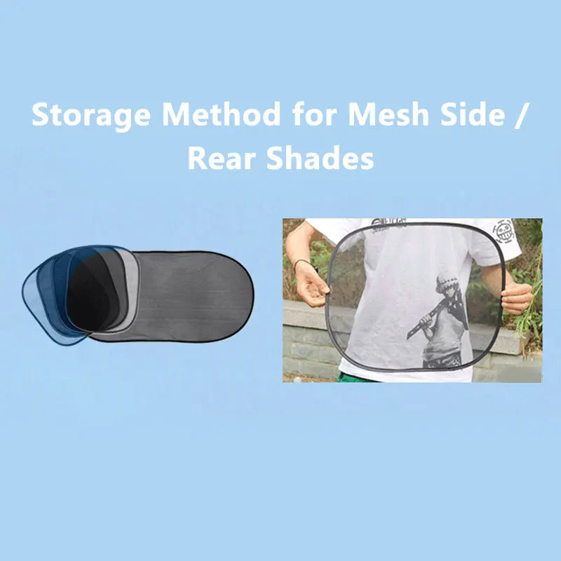 Diagram showing a storage method for mesh side or rear shades, illustrating the folding mechanism.