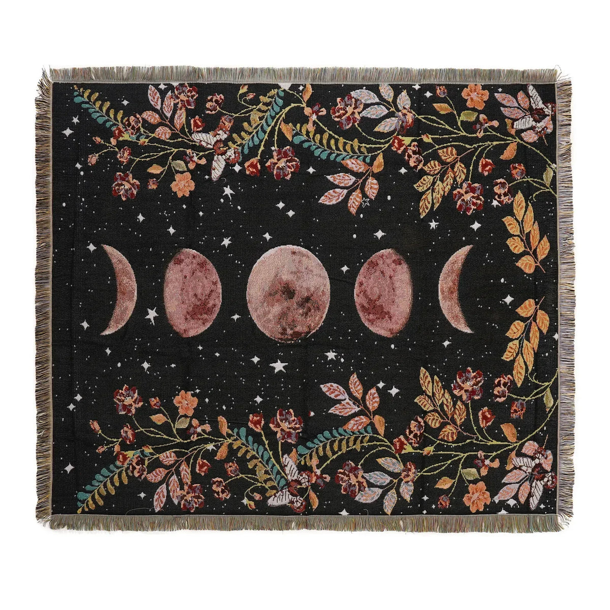 A dark fabric throw blanket featuring a bohemian floral and celestial pattern with moon shapes and foliage.
