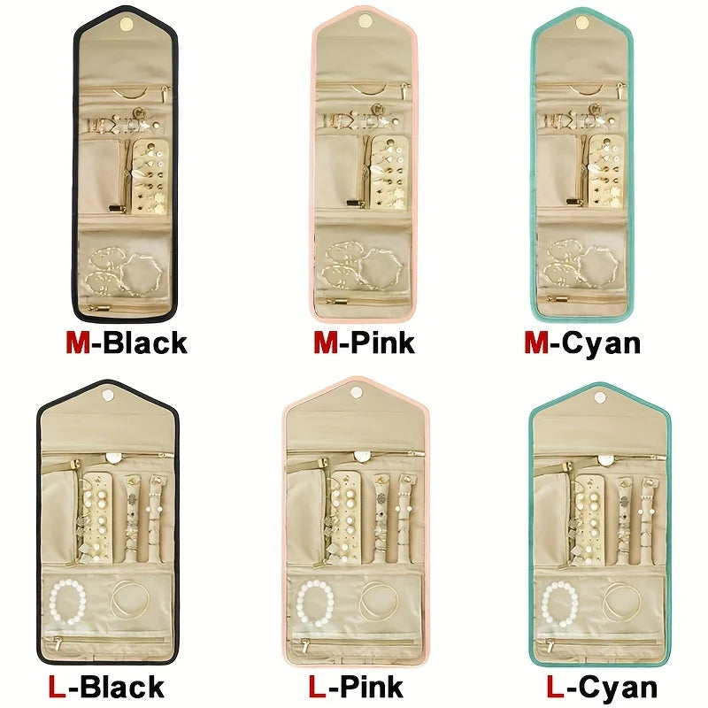 A set of foldable waterproof jewelry rolls in black, pink, and cyan for travel and makeup storage.