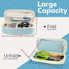 A light blue fabric pencil case shown folded and unfolded, demonstrating its large capacity for pens.