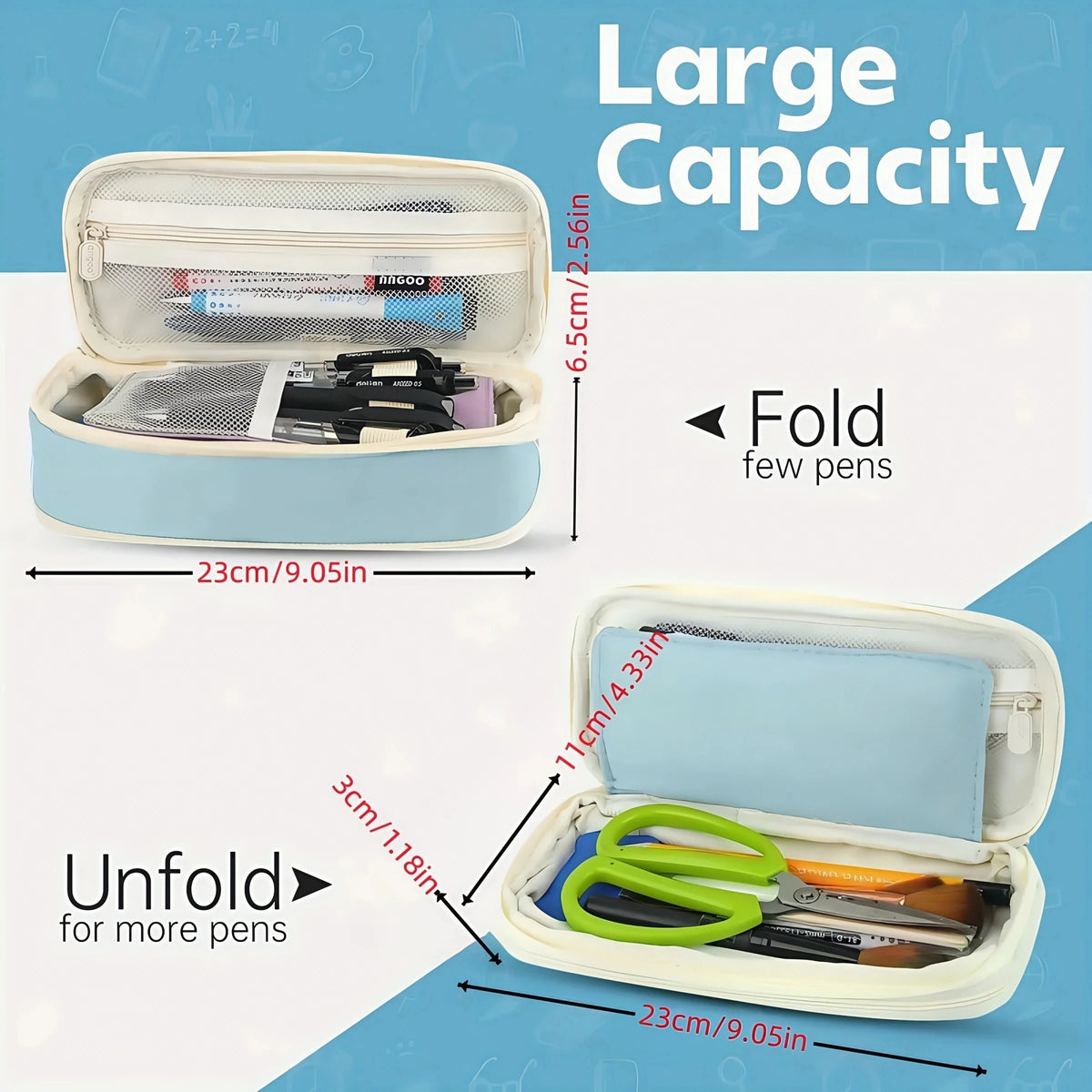 A light blue fabric pencil case shown folded and unfolded, demonstrating its large capacity for pens.