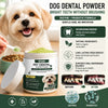 A dog dental powder product with a white lid and green powder is shown next to a golden retriever puppy.