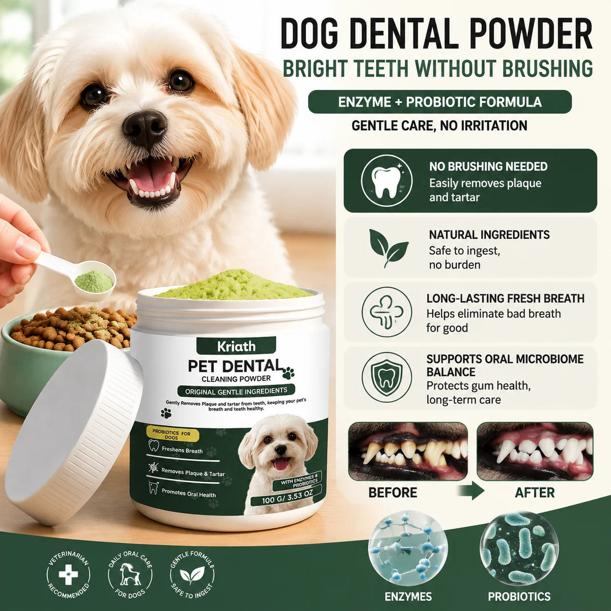 A dog dental powder product with a white lid and green powder is shown next to a golden retriever puppy.