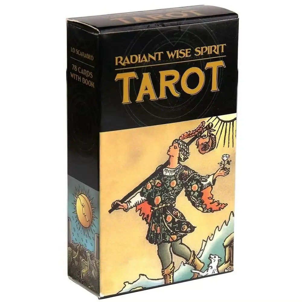 A black box for the Radiant Wise Spirit Tarot deck with 78 cards and a guidebook.