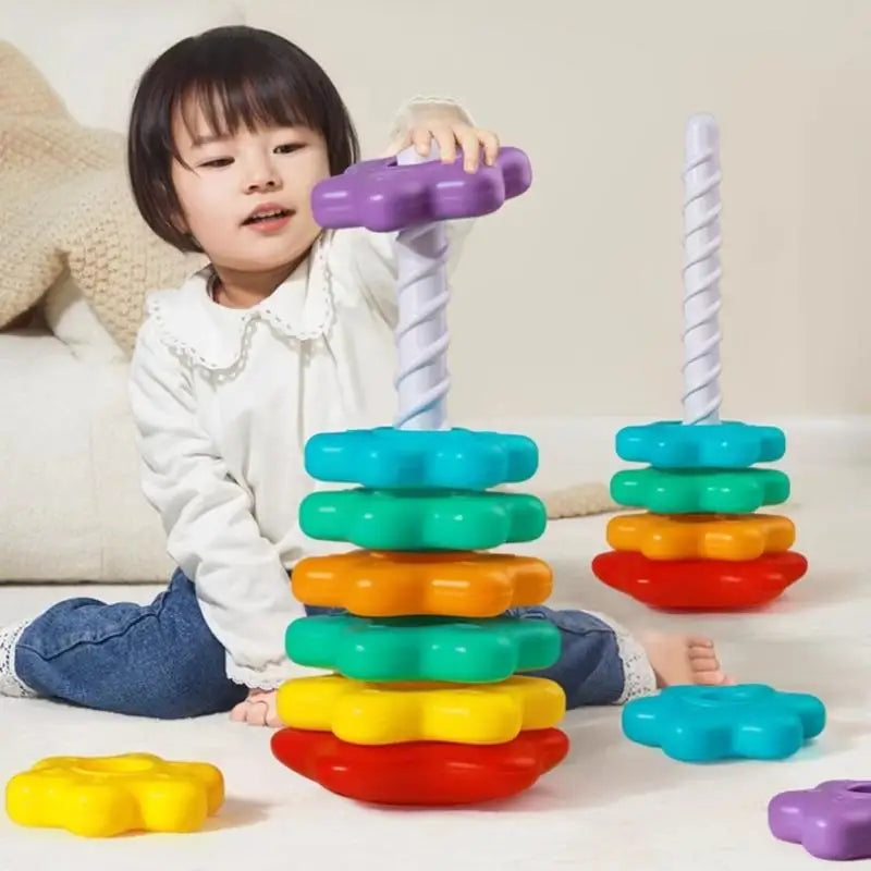 Montessori Rainbow Stacking Tower with Spinning Rings