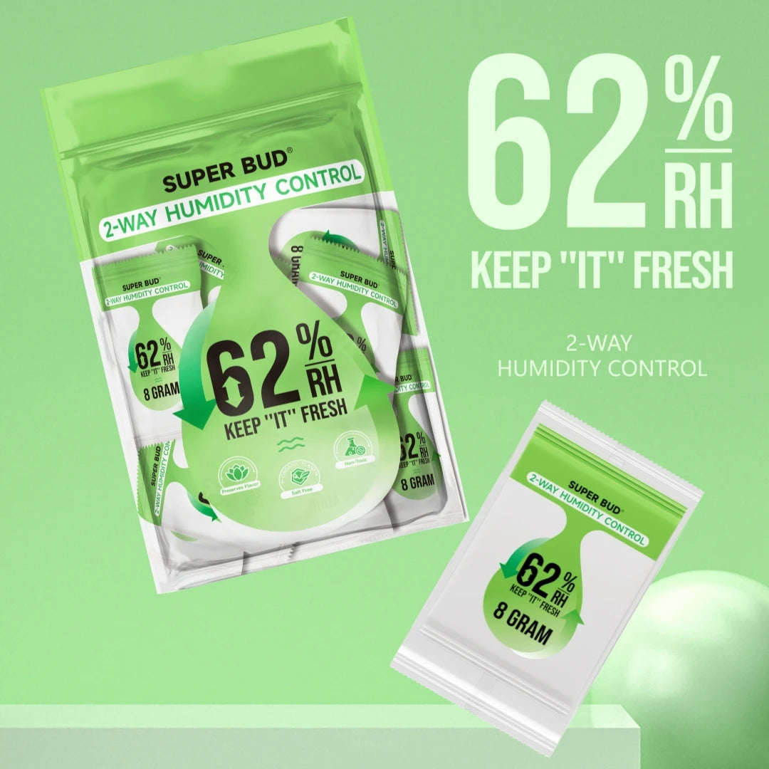 Green packaging for Super Bud 2-way humidity control packs showing 62% RH to keep it fresh