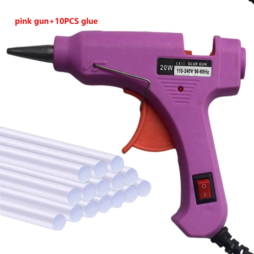 A purple hot melt glue gun with a stand and ten glue sticks is shown next to the device.