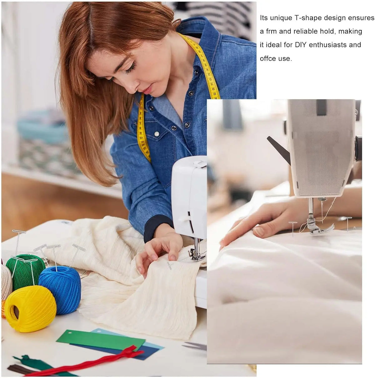 A woman is shown using a T-shape design pin for sewing or crafting on a piece of fabric.