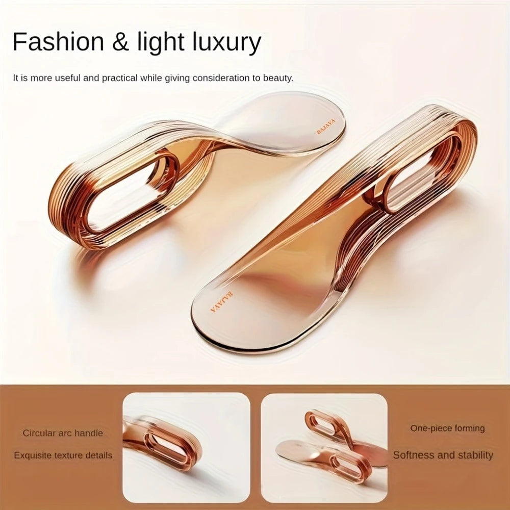A pair of rose gold mattress lifter wedge tools showing circular handles and one-piece forming for easy bed sheet changes.
