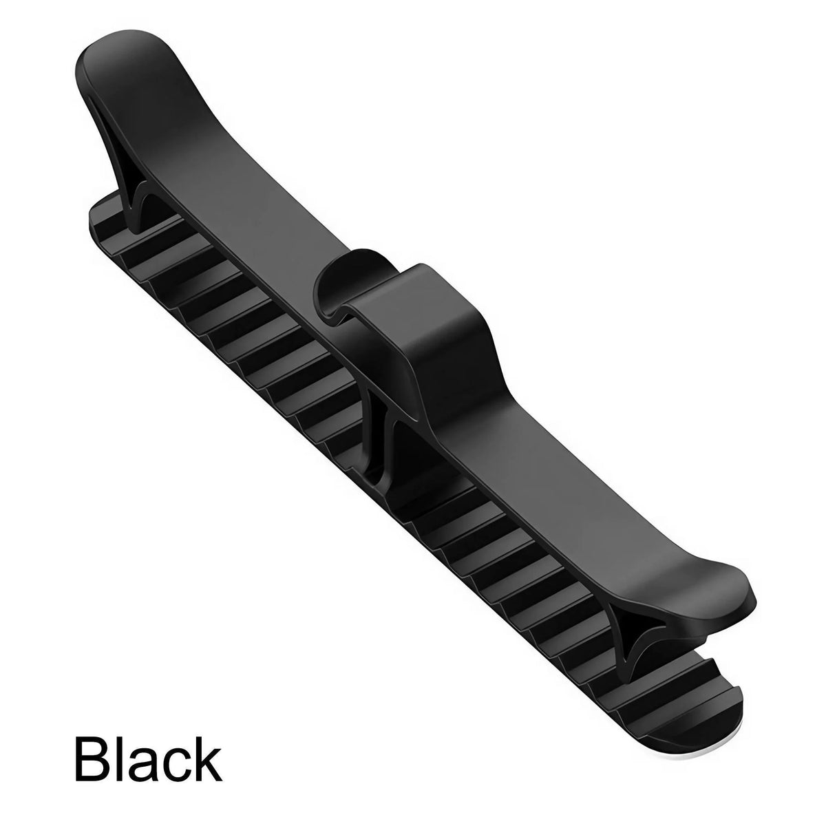 Black countertop cable organizer with an adhesive mount shown in a side view.