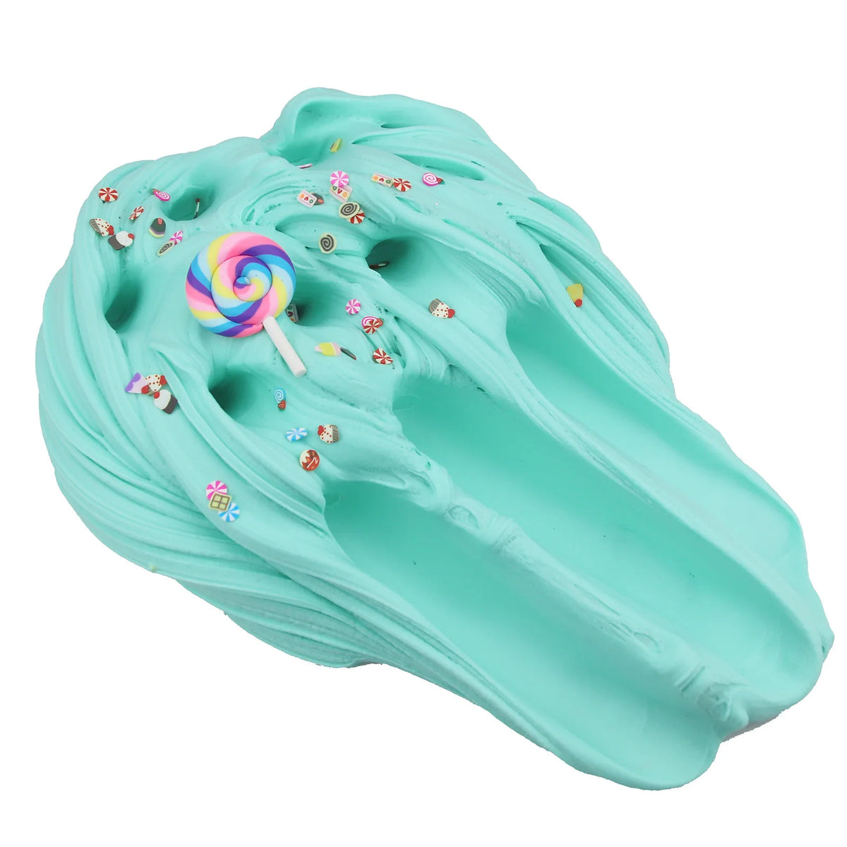A light turquoise slime kit with colorful sprinkles and a lollipop is shown in a hand-formed shape.