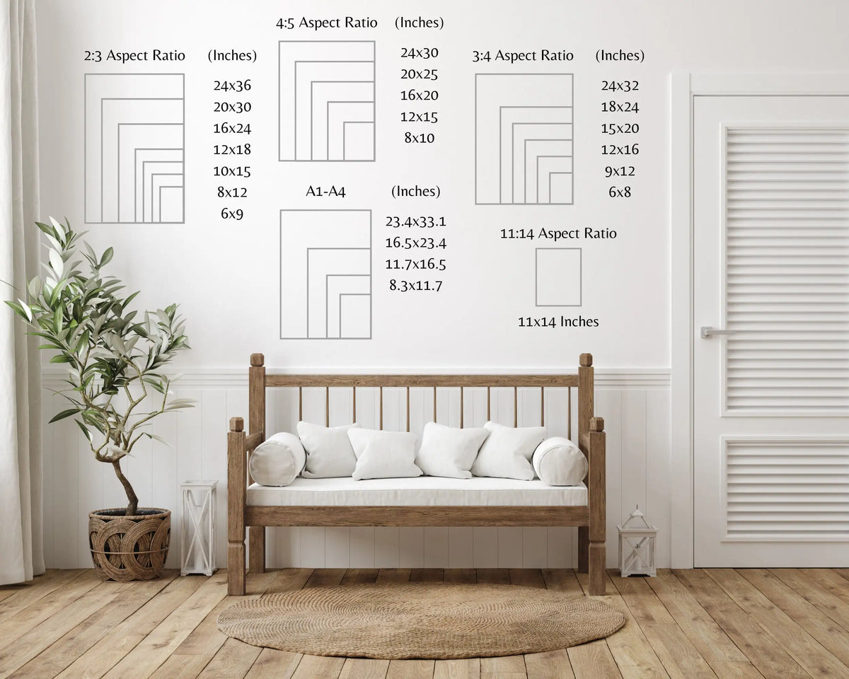 A canvas wall art display featuring various aspect ratio grids and a wooden bed frame.