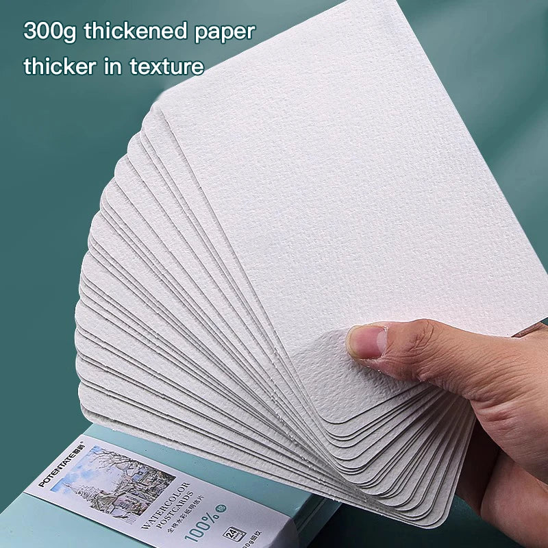A stack of white 300g thickened paper sheets is shown being held, with a tin box visible below.