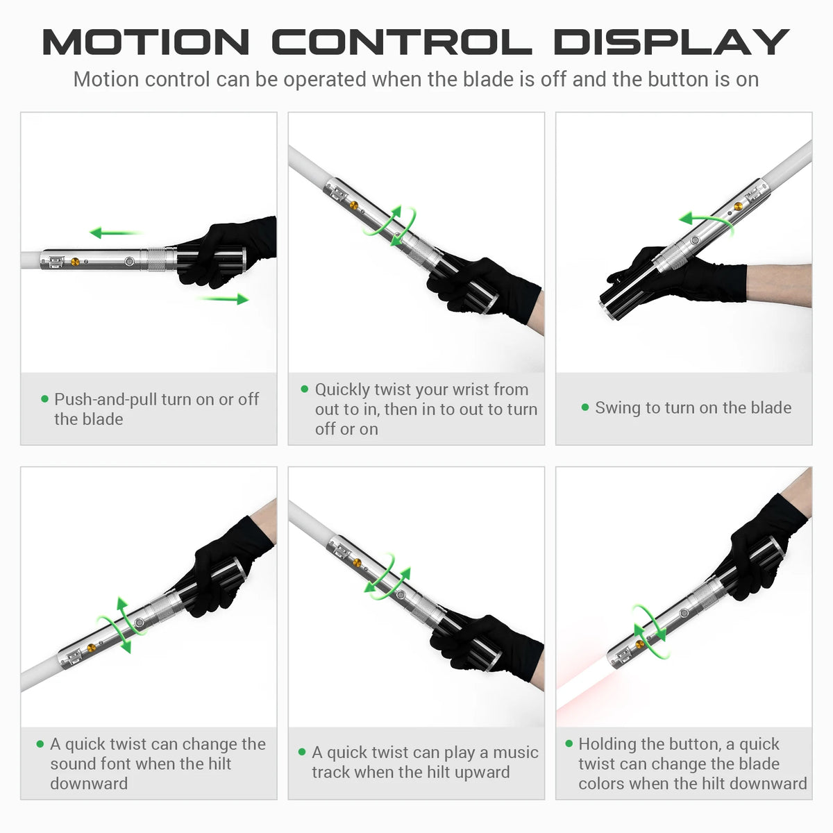 Demonstration of motion control display features on a lightsaber, showing how to turn on/off and change sound fonts or blade 
