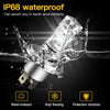 Close-up of an IP68 waterproof LED headlight bulb being tested under water spray.