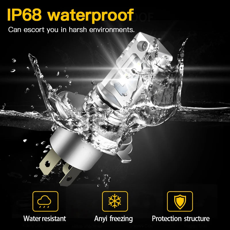 Close-up of an IP68 waterproof LED headlight bulb being tested under water spray.