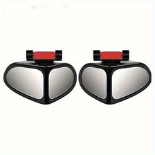 A pair of black blind spot mirrors with red accents for cars.