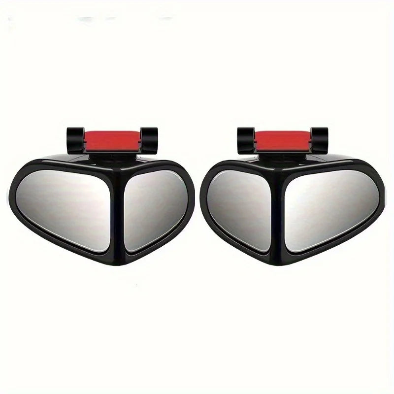 A pair of black blind spot mirrors with red accents for cars.