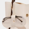A cream-colored PU leather glasses case with a lychee pattern, featuring a gold-toned strap and leather trim.